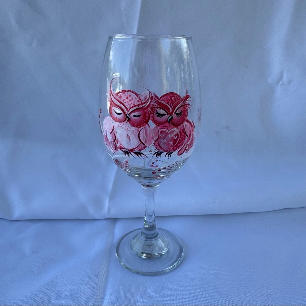 Owl Design Wine Glass with Pink Accents